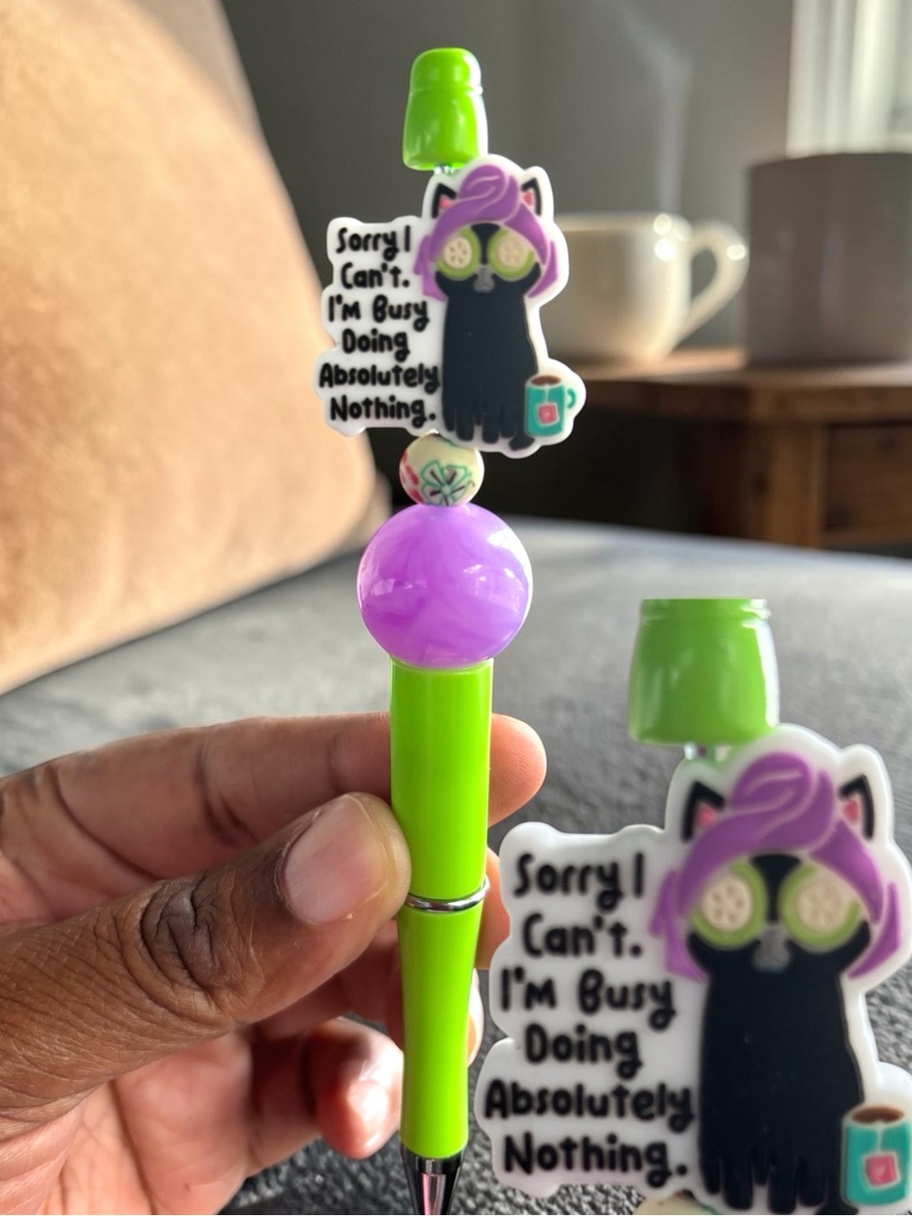 Handcrafted Bright Green & Purple Cat Pen with quote “ sorry I can’t I’m Busy..”